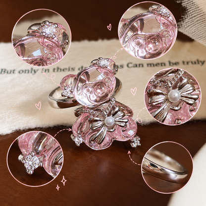 Pink Teddy Bear Ring — Cute Crystal Bow Bear Statement Ring