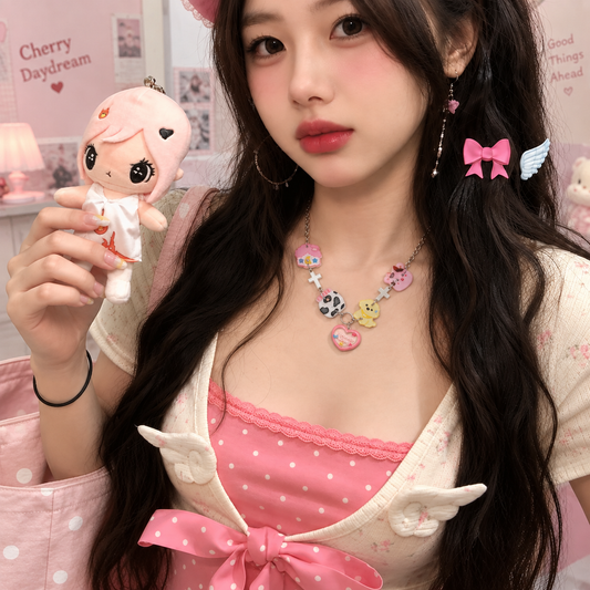 Sweet Charm Heart Necklace — Y2K Kawaii Pastel Statement Necklace