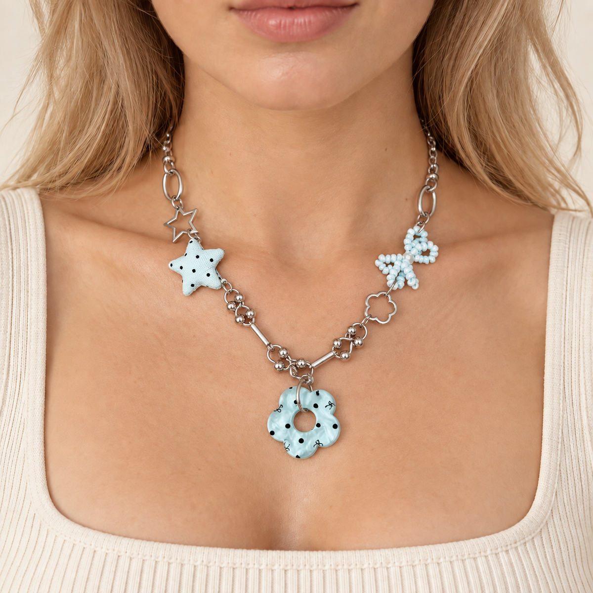 Blue Flower Star Charm Necklace