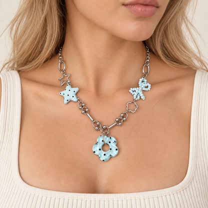 Blue Flower Star Charm Necklace