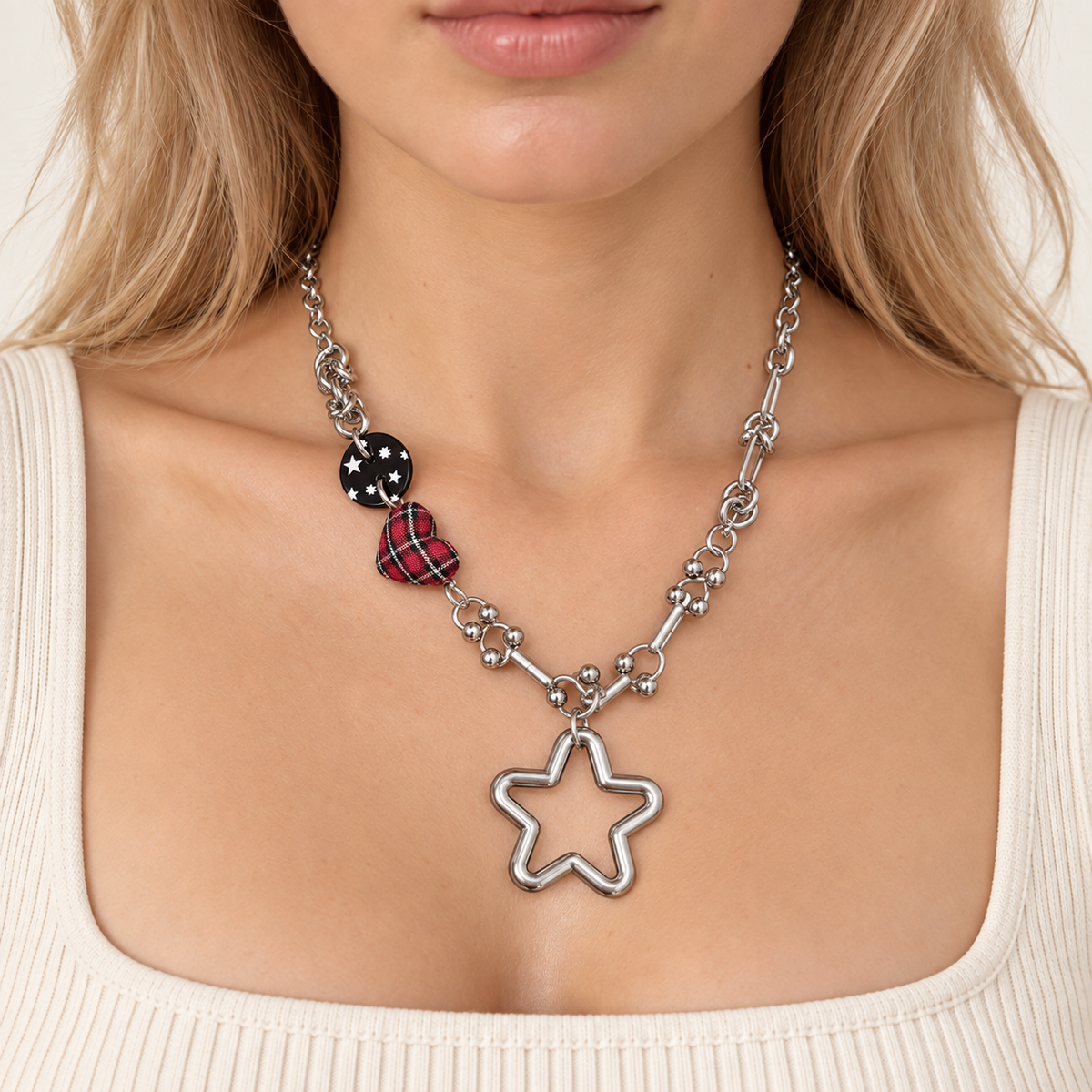 Red Plaid Heart Star Charm Necklace