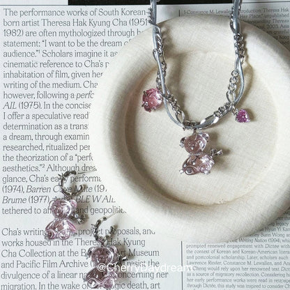Pink Teddy Bear Charm Necklace — Y2K Cute Crystal Pendant Chain