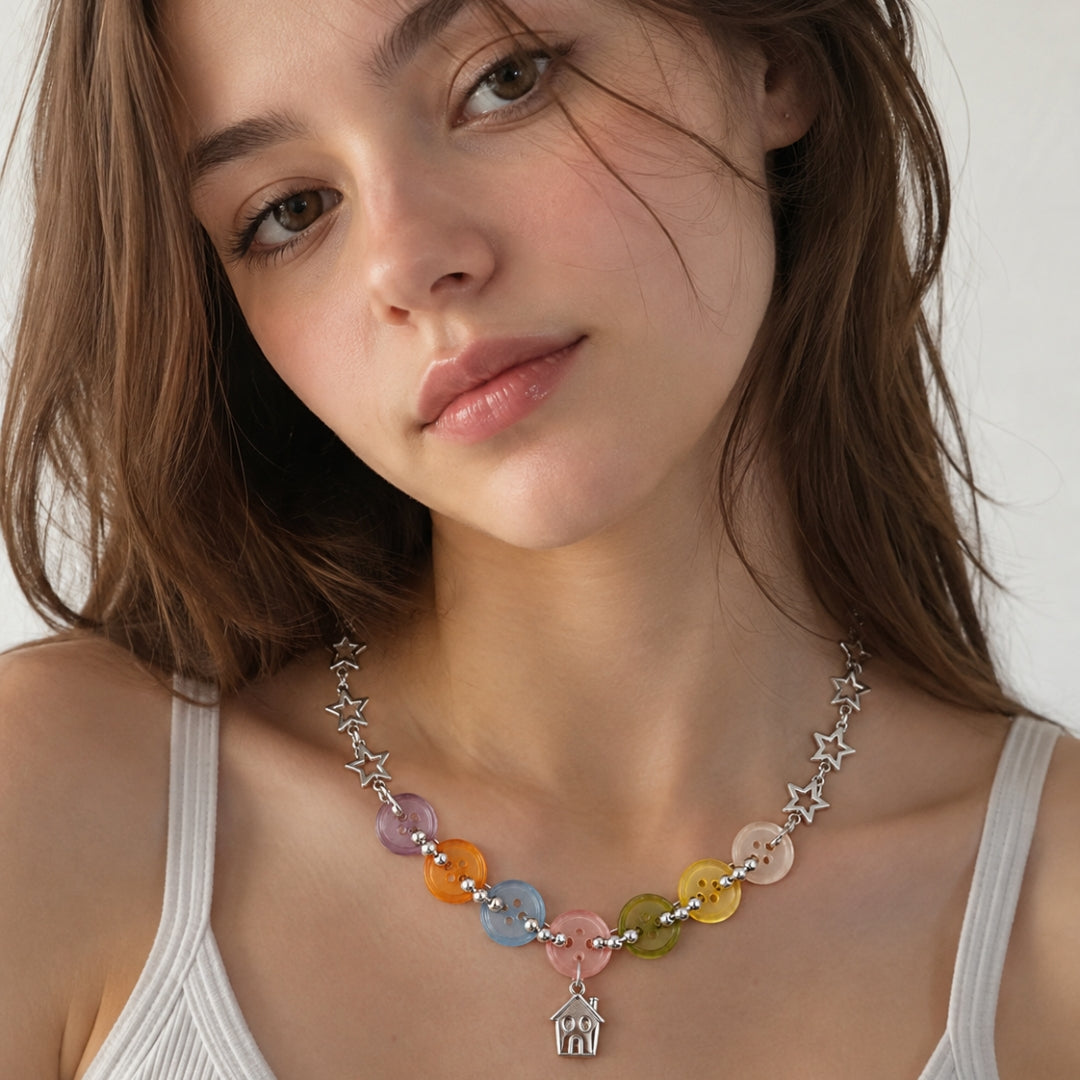 Colorful Button Star Necklace — Y2K Kawaii Charm Statement Necklace