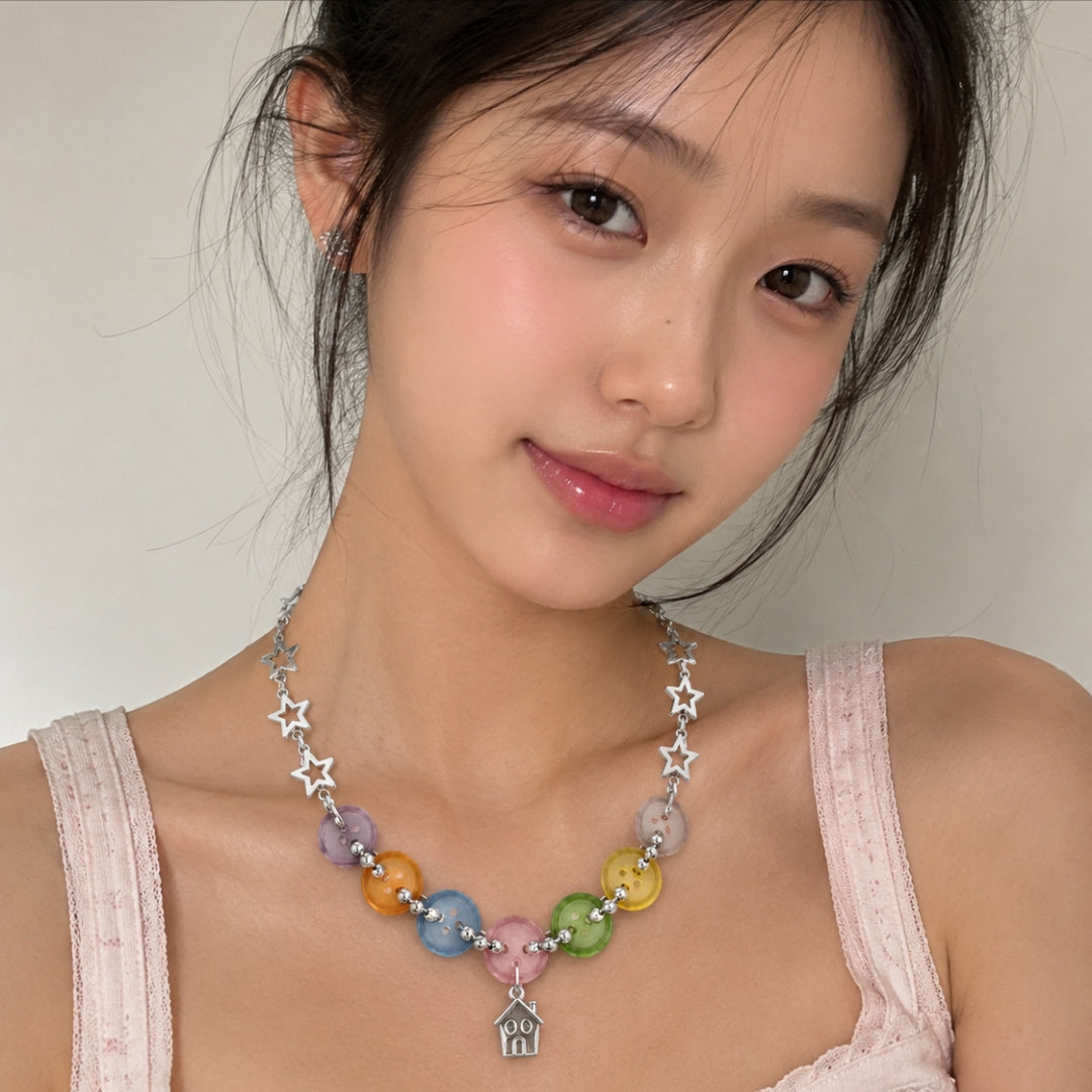 Colorful Button Star Necklace — Y2K Kawaii Charm Statement Necklace