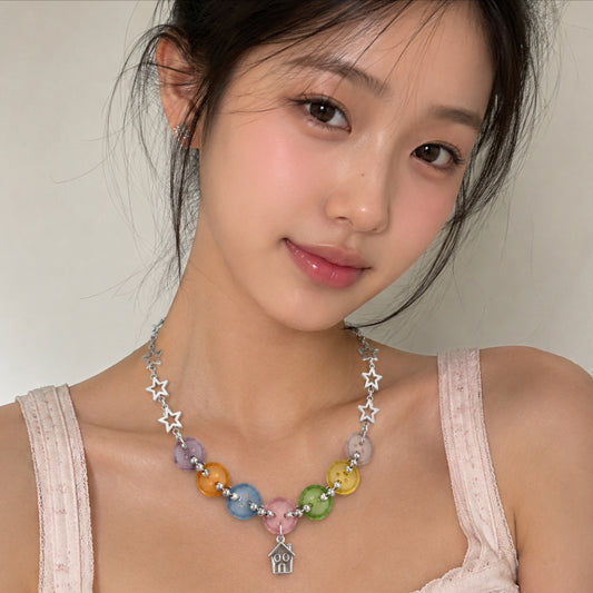 Colorful Button Star Necklace — Y2K Kawaii Charm Statement Necklace