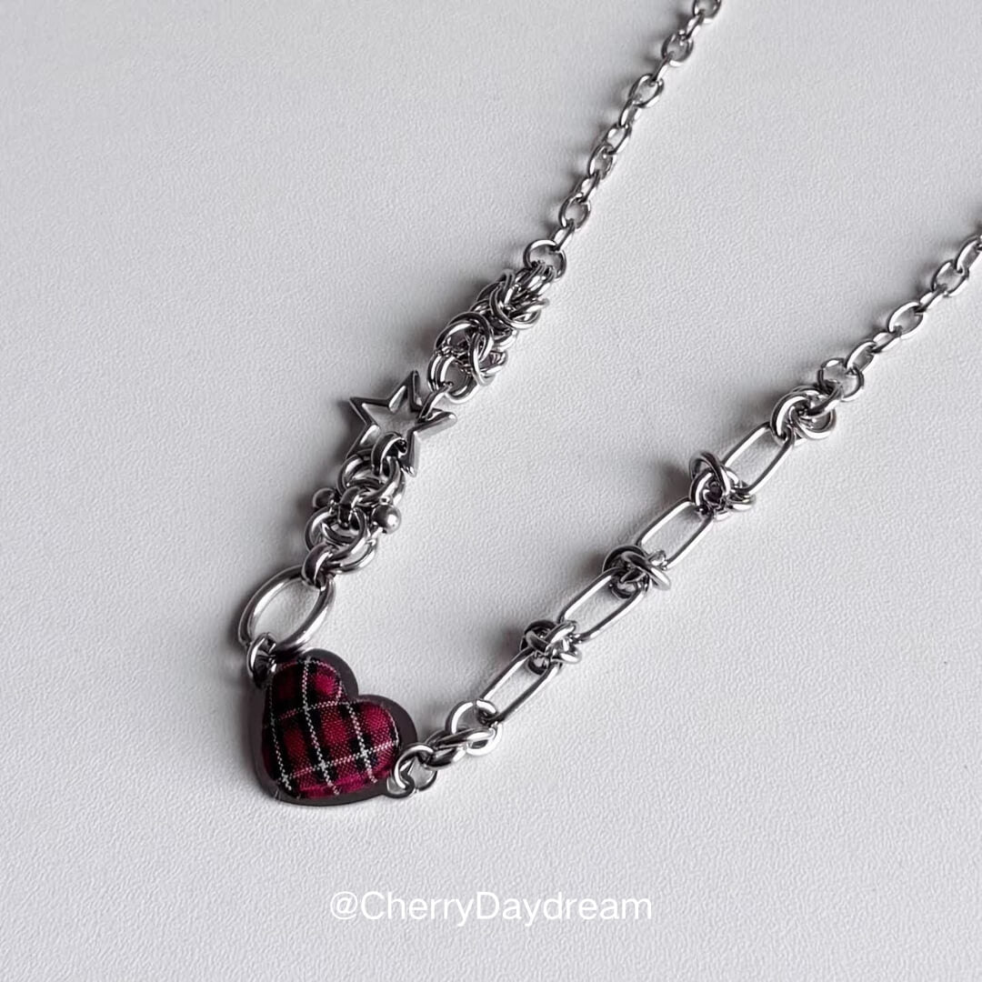 Tartan Heart Necklace — Y2K Gothic Plaid Charm Necklace