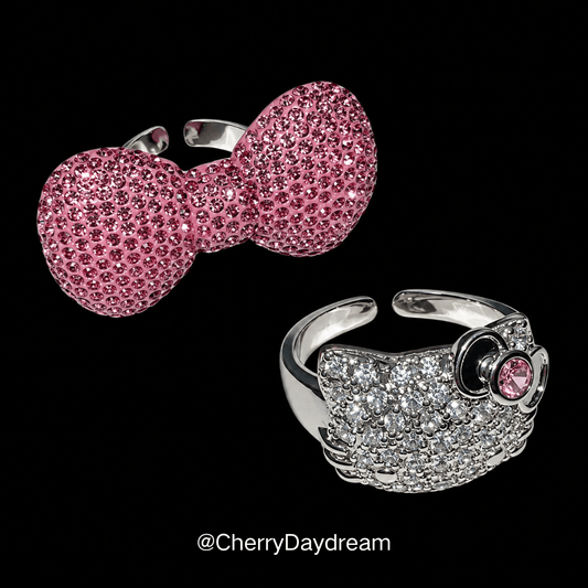 Sparkling Rhinestone Bow & Cat Adjustable Ring