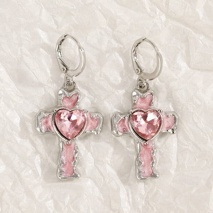 Love Spell Cross Earrings – Dreamy Pink Heart Crystal Y2K Earrings