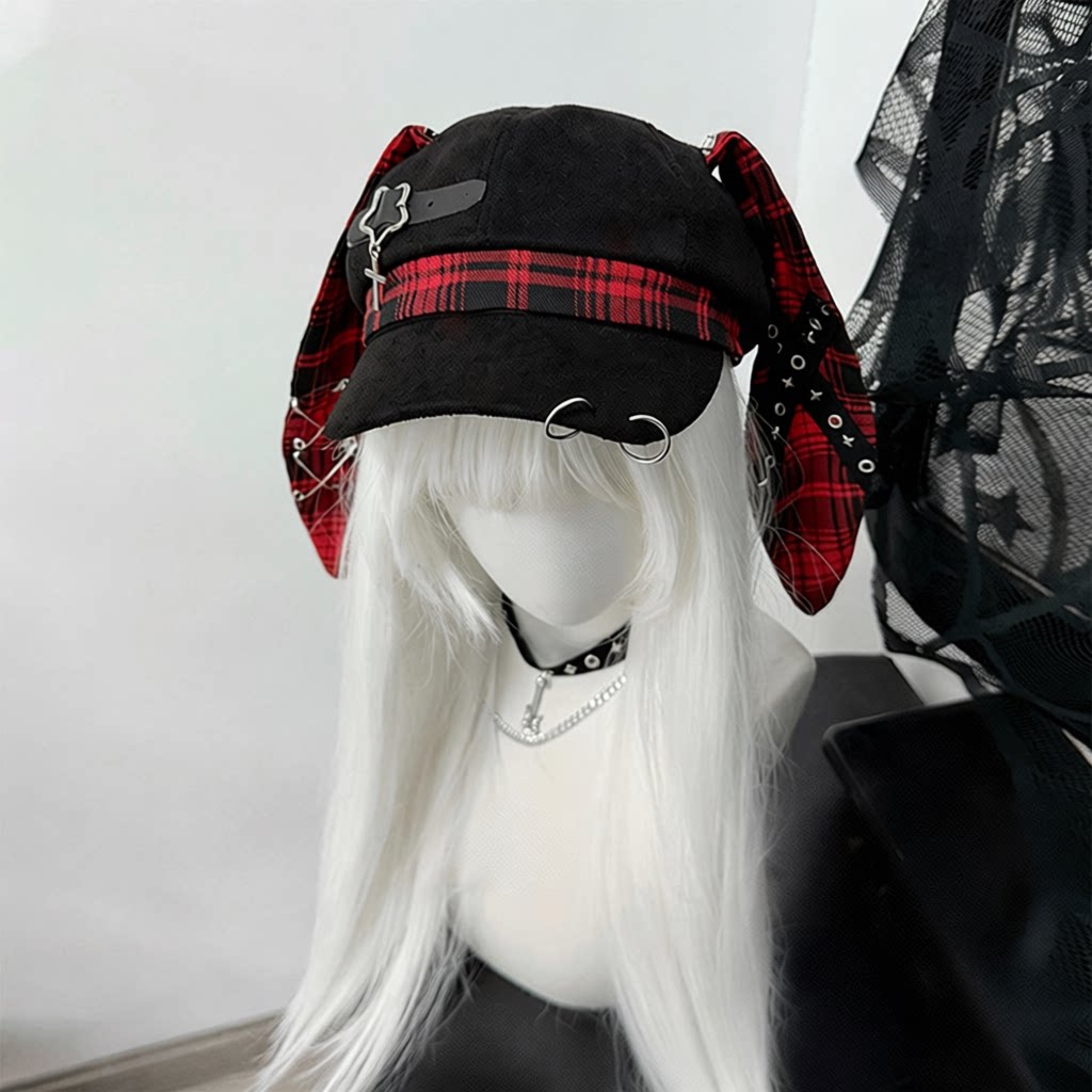 Y2K Plaid Ear Flap Beret Hat