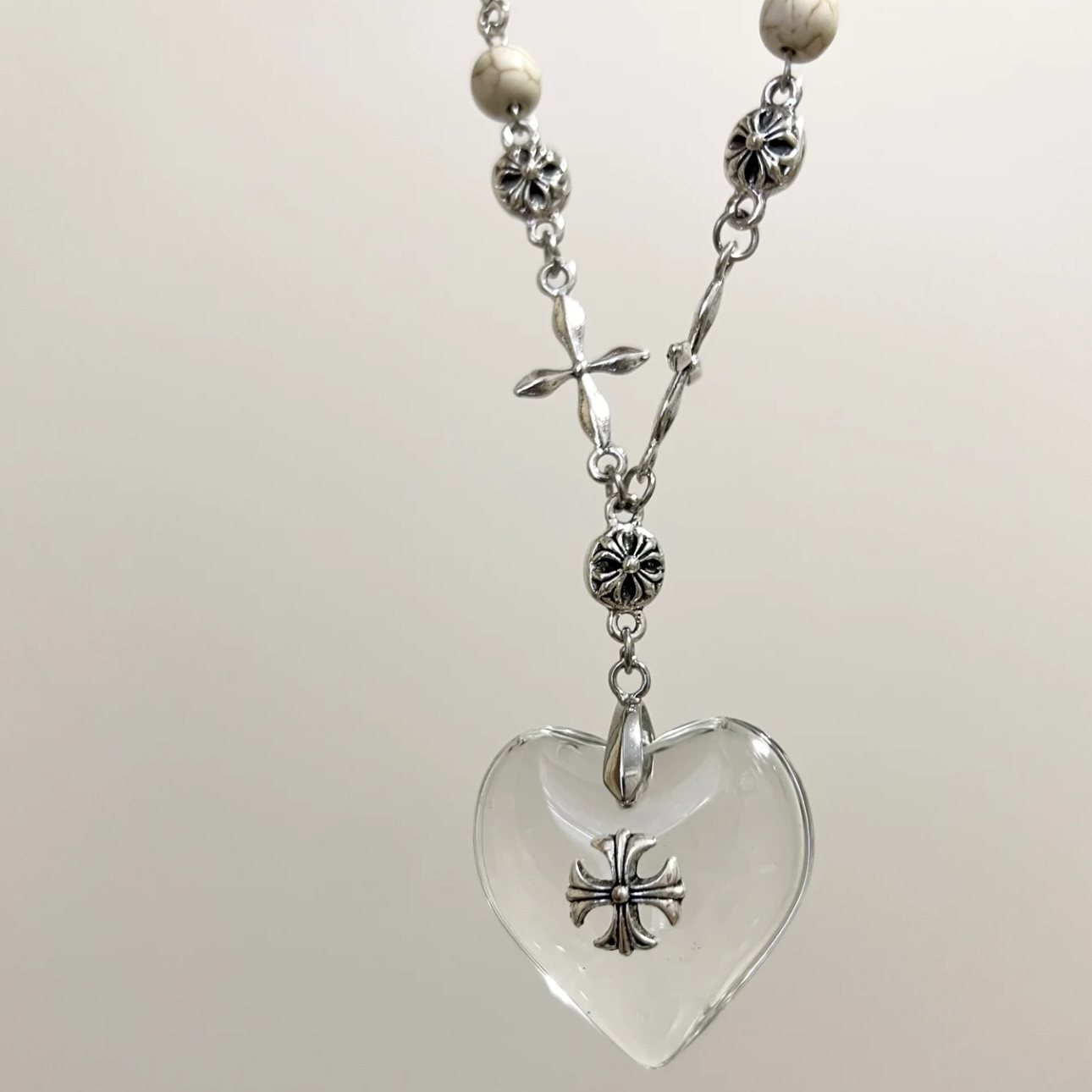 Midnight Heart Cross Necklace — Vintage Gothic Beaded Chain
