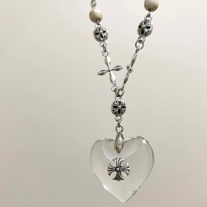 Midnight Heart Cross Necklace — Vintage Gothic Beaded Chain