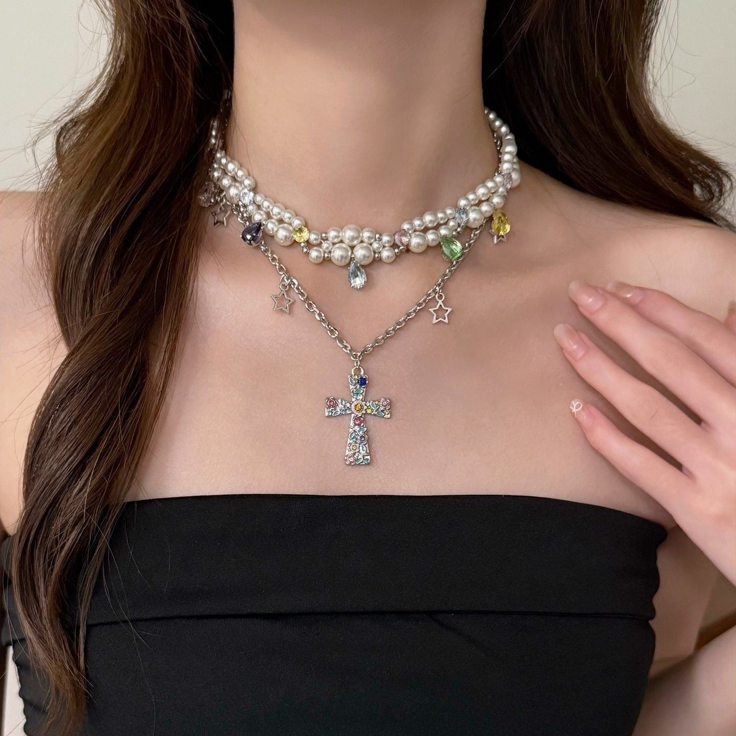 Pearl Cross Charm Necklace | Dreamy Y2K Vintage Layered Jewelry