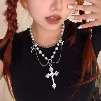 Vintage Pearl Cross Layered Necklace – Gothic Star Charm Statement Necklace