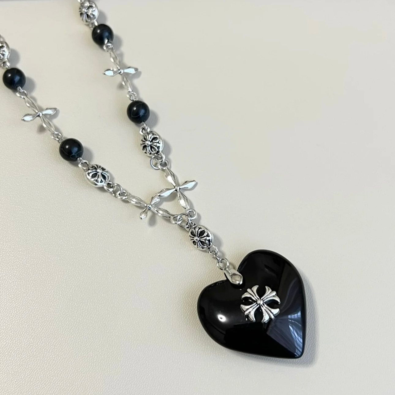 Midnight Heart Cross Necklace — Vintage Gothic Beaded Chain
