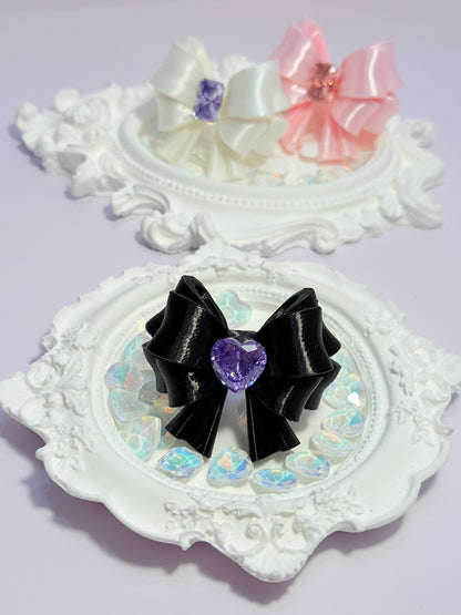 Bow Heart Crystal Ring — Y2K Coquette 3D Printed Statement Ring