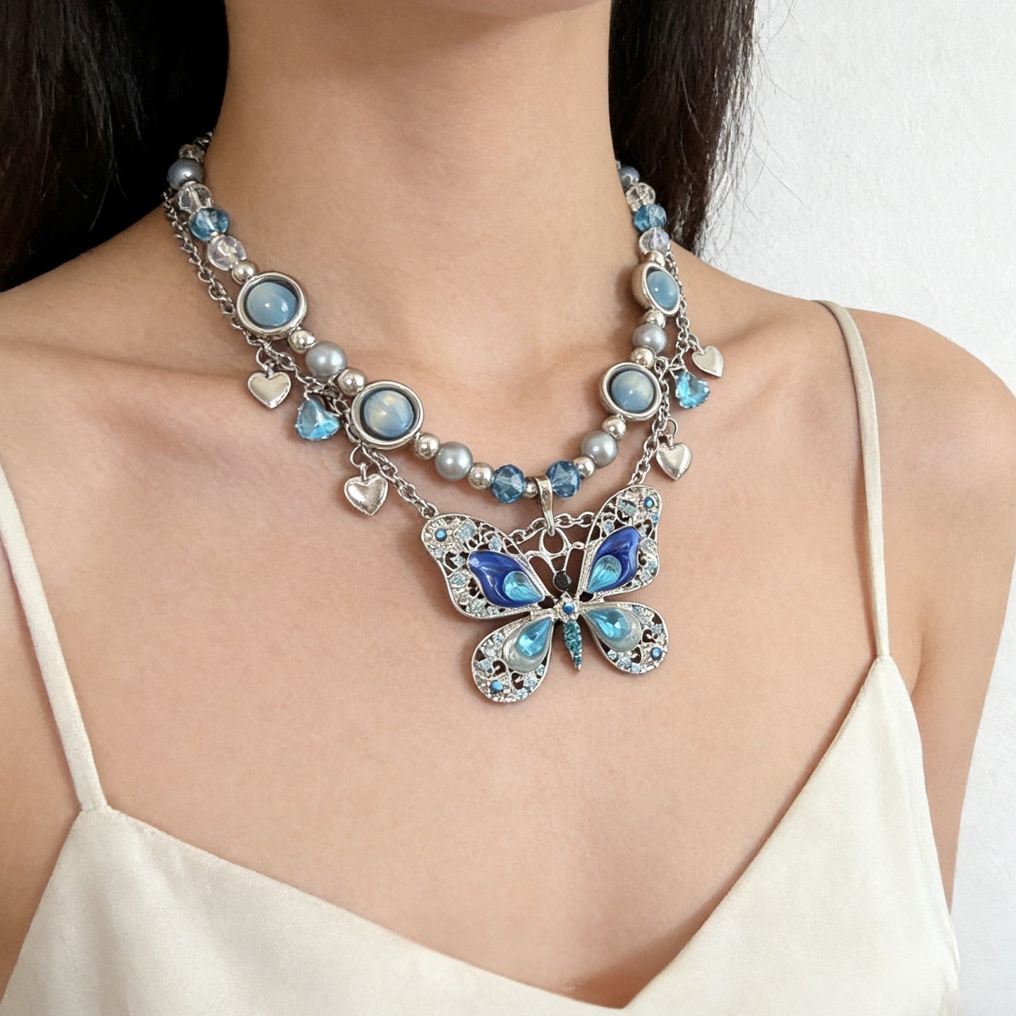 Blue Butterfly Pearl Layered Necklace – Dreamy Fairycore Statement Jewelry
