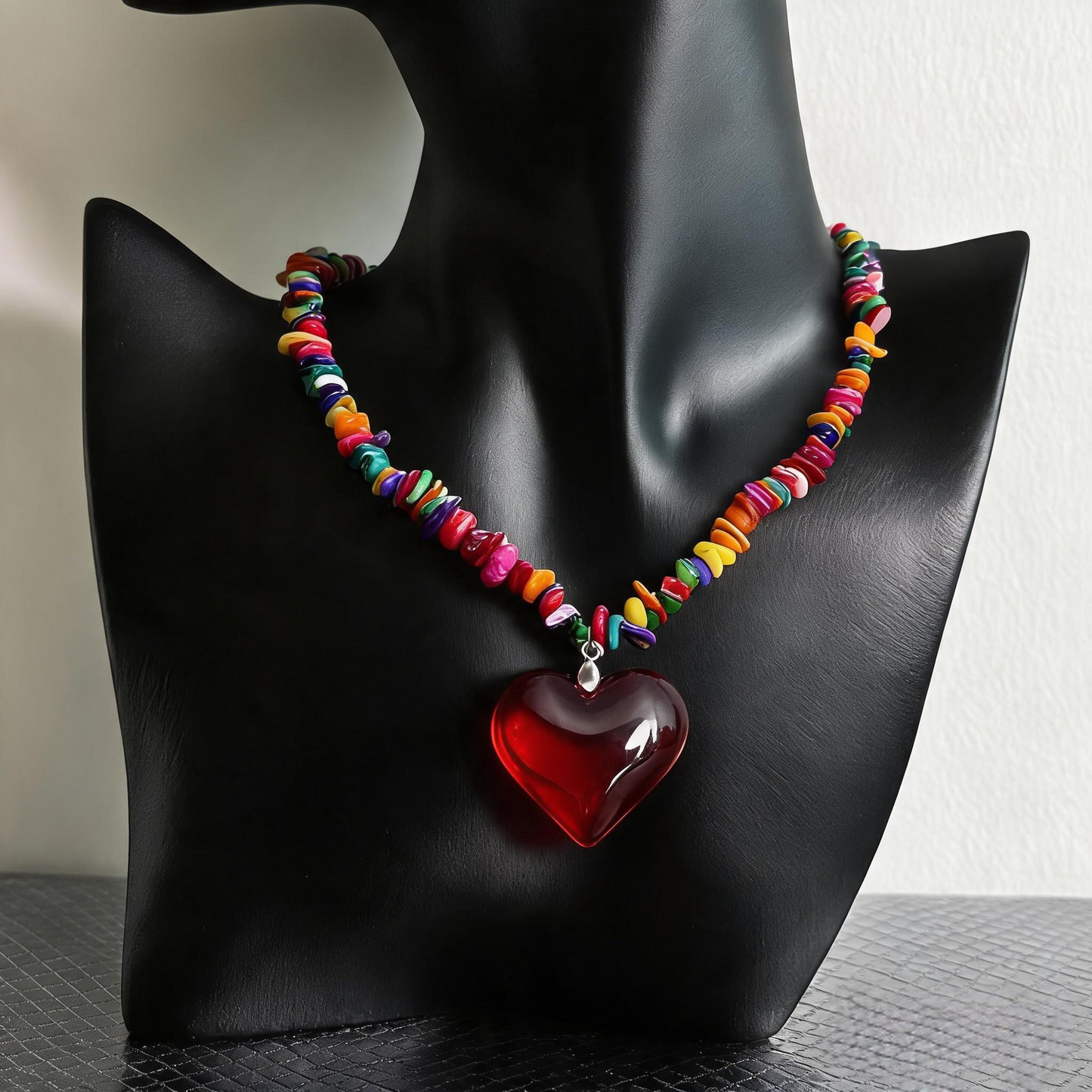Colorful Heart Charm Necklace | Y2K Beaded Red Heart Pendant Jewelry