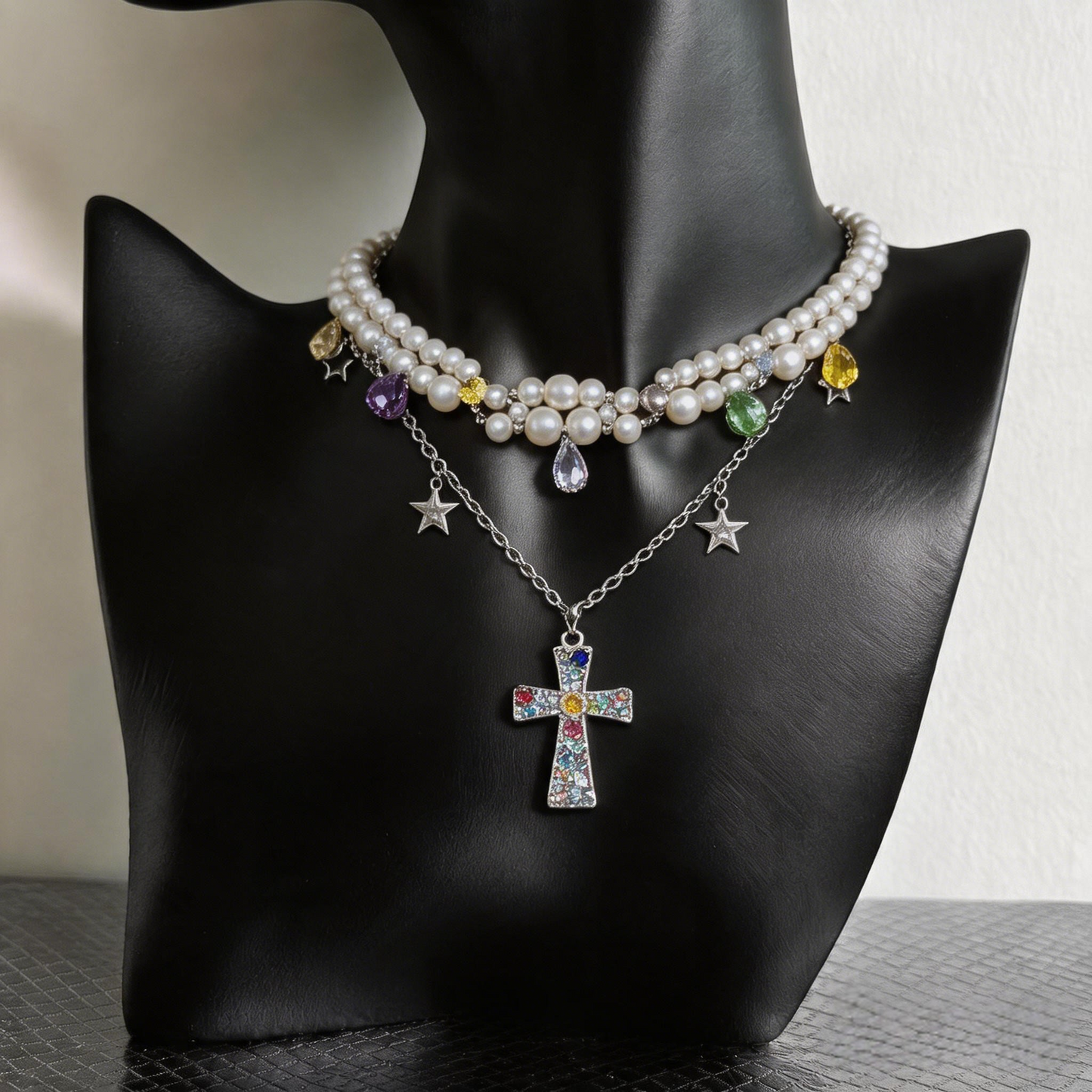 Pearl Cross Charm Necklace | Dreamy Y2K Vintage Layered Jewelry