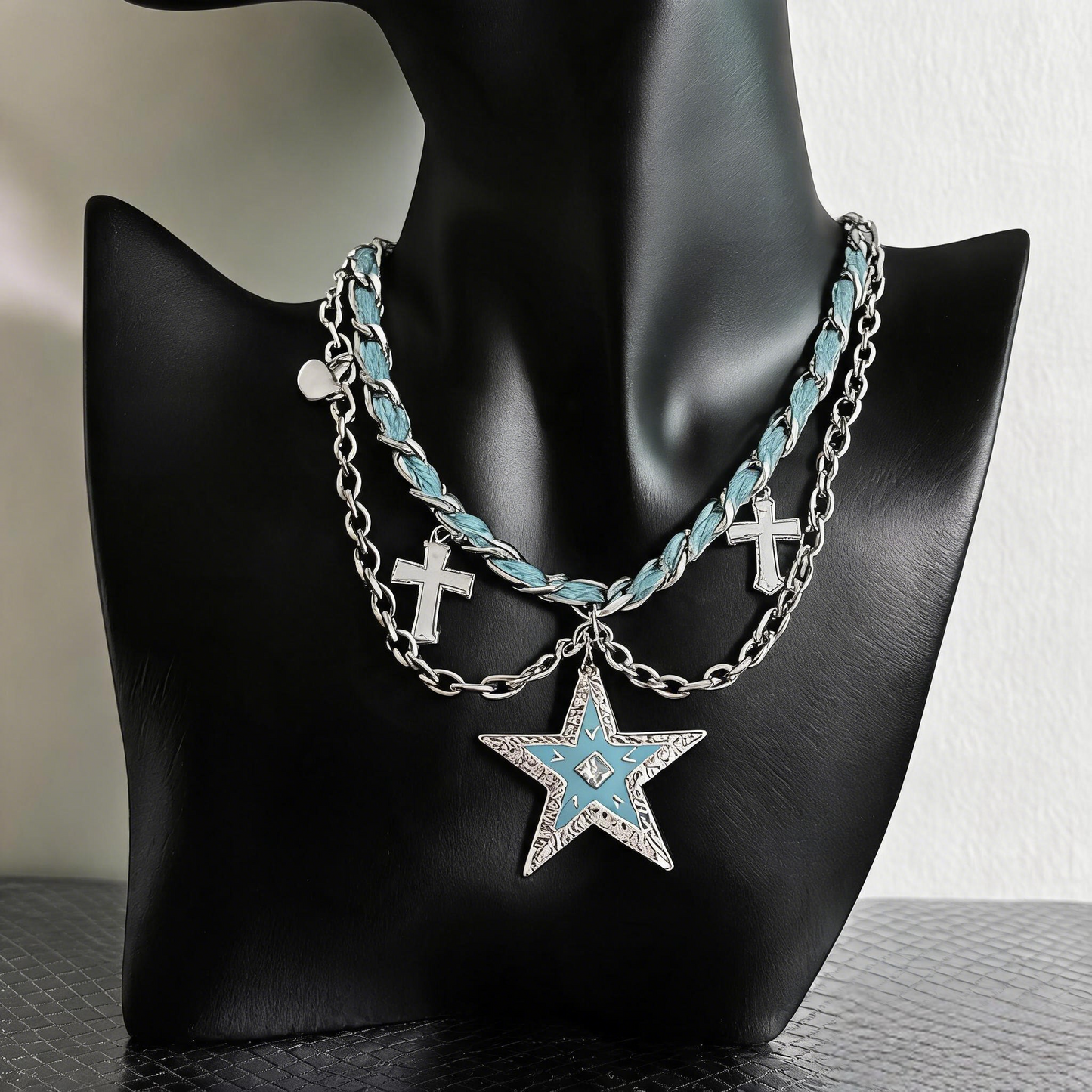 Blue Star Layered Chain Necklace – Y2K Gothic Cross Charm Statement Necklace
