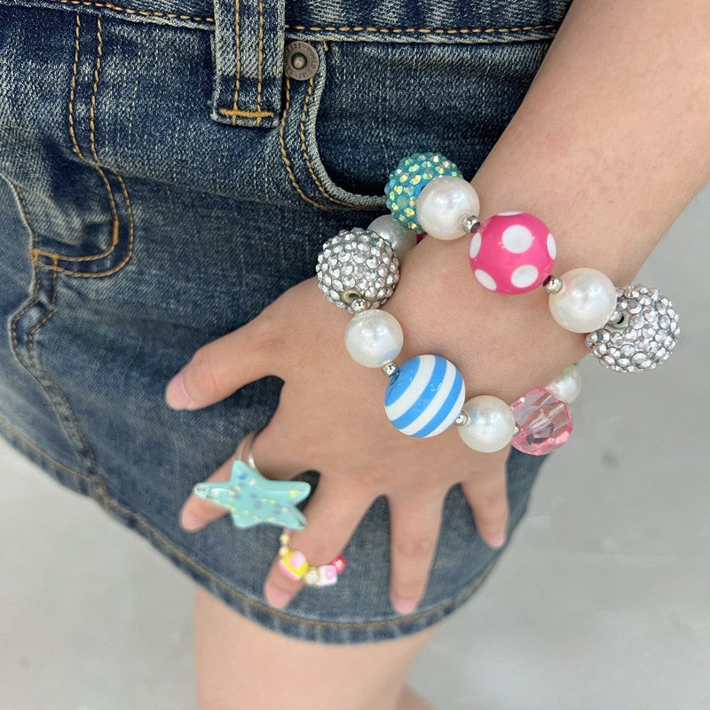 Colorful Pearl Beaded Bracelet — Y2K Kawaii Crystal Charm Statement Bracelet