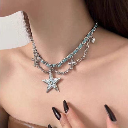 Blue Star Layered Chain Necklace – Y2K Gothic Cross Charm Statement Necklace