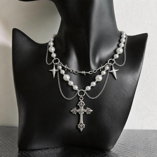 Vintage Pearl Cross Layered Necklace – Gothic Star Charm Statement Necklace