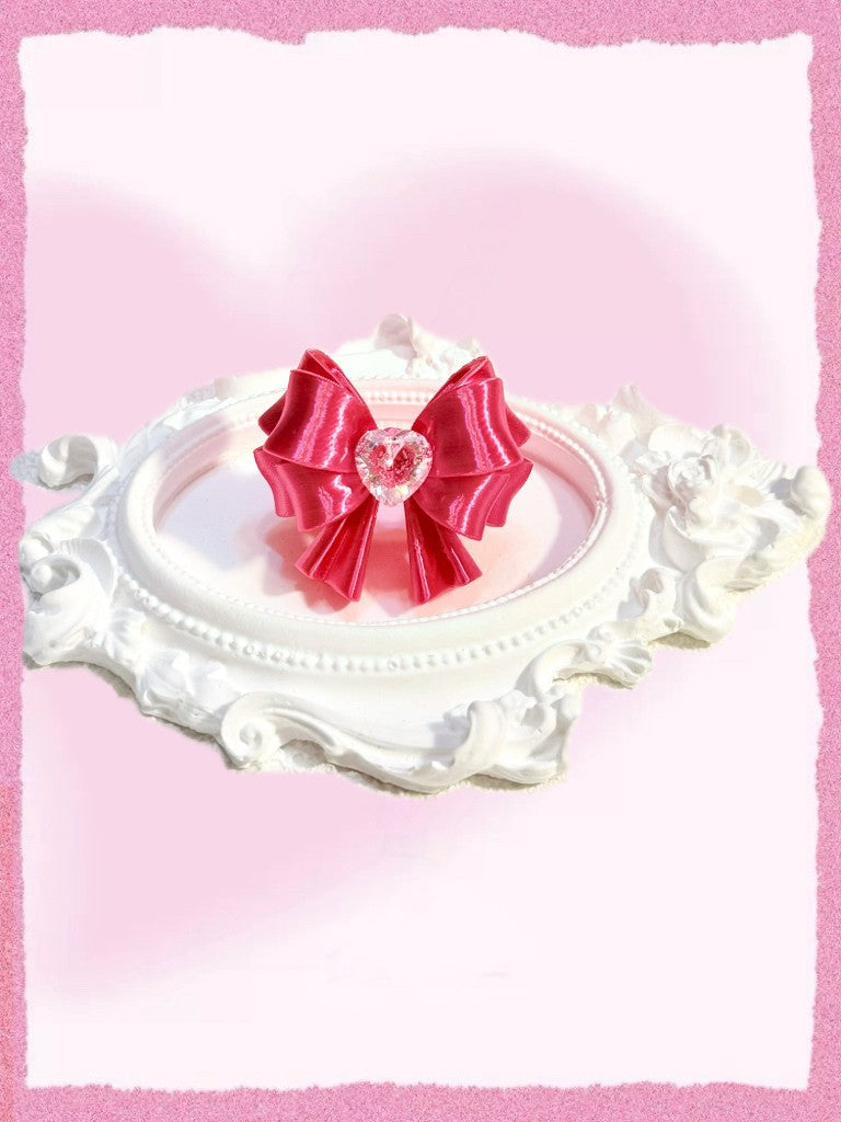 Bow Heart Crystal Ring — Y2K Coquette 3D Printed Statement Ring