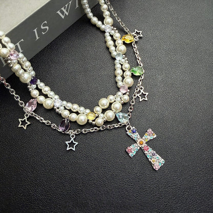 Pearl Cross Charm Necklace | Dreamy Y2K Vintage Layered Jewelry