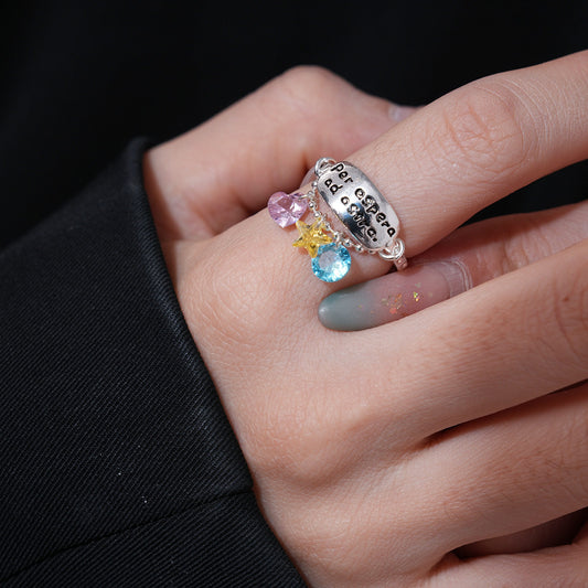 Star Charm Statement Ring | Celestial Quote Design Alloy Ring with Colorful Charms