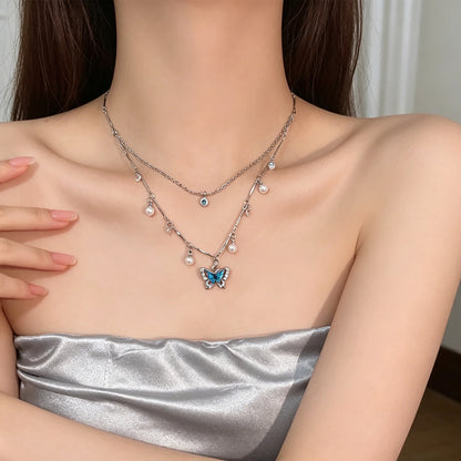 Celestial Butterfly Pearl Layered Necklace – Vintage Silver Alloy Charm Necklace