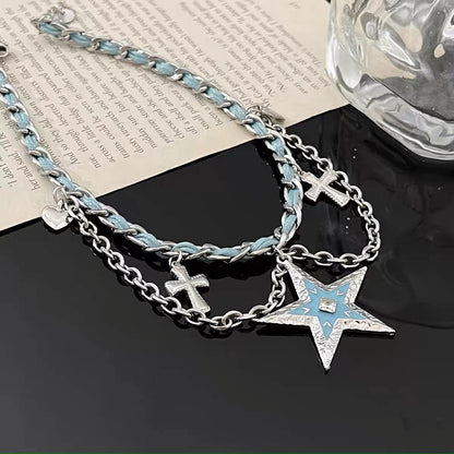Blue Star Layered Chain Necklace – Y2K Gothic Cross Charm Statement Necklace