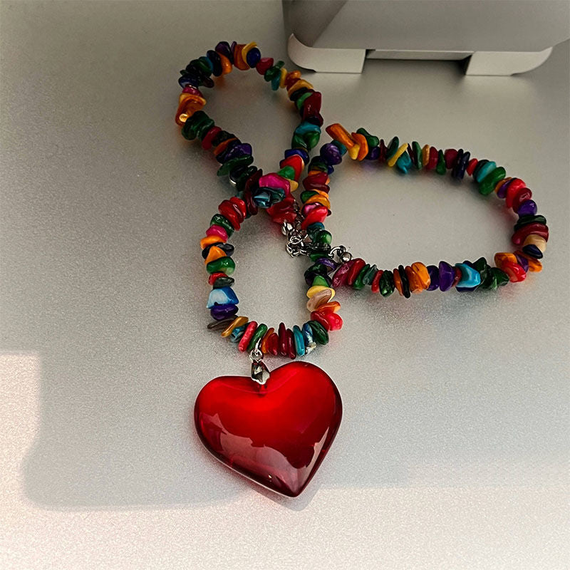 Colorful Heart Charm Necklace | Y2K Beaded Red Heart Pendant Jewelry